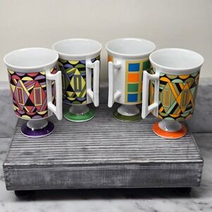 Vintage Royal Crown Arnart Smug Mugs Footed Ceramic Set of 4, Groovy Retro, 5485